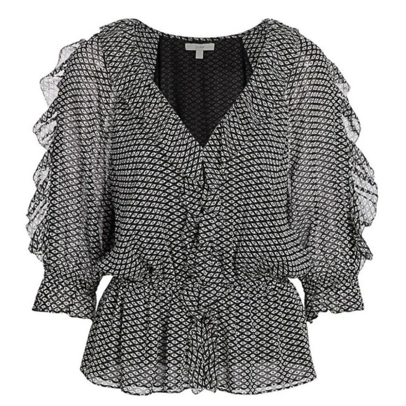 Joie Black  & White V-neck Zaida Ruffled Silk Top Elasticated Waist size S - Picture 8 of 16